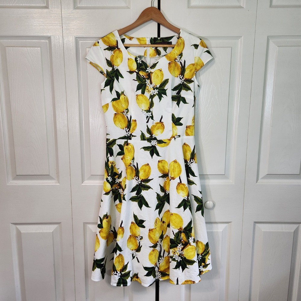 Dress Tells Lemon Print Fit and Flare Dress White Yellow Citrus Cotton Large